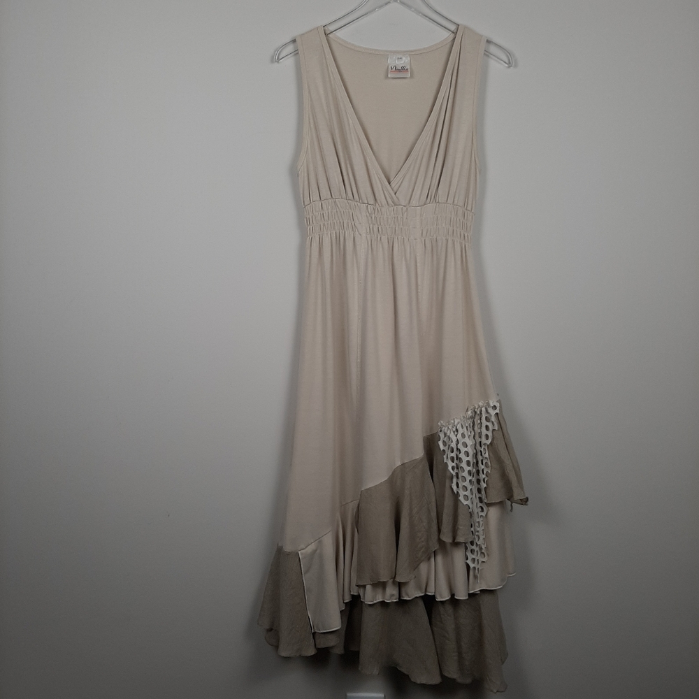 Noelle Lagenlook Tan and Cream Midi To Maxi Dress Size Medium - Picture 11 of 15